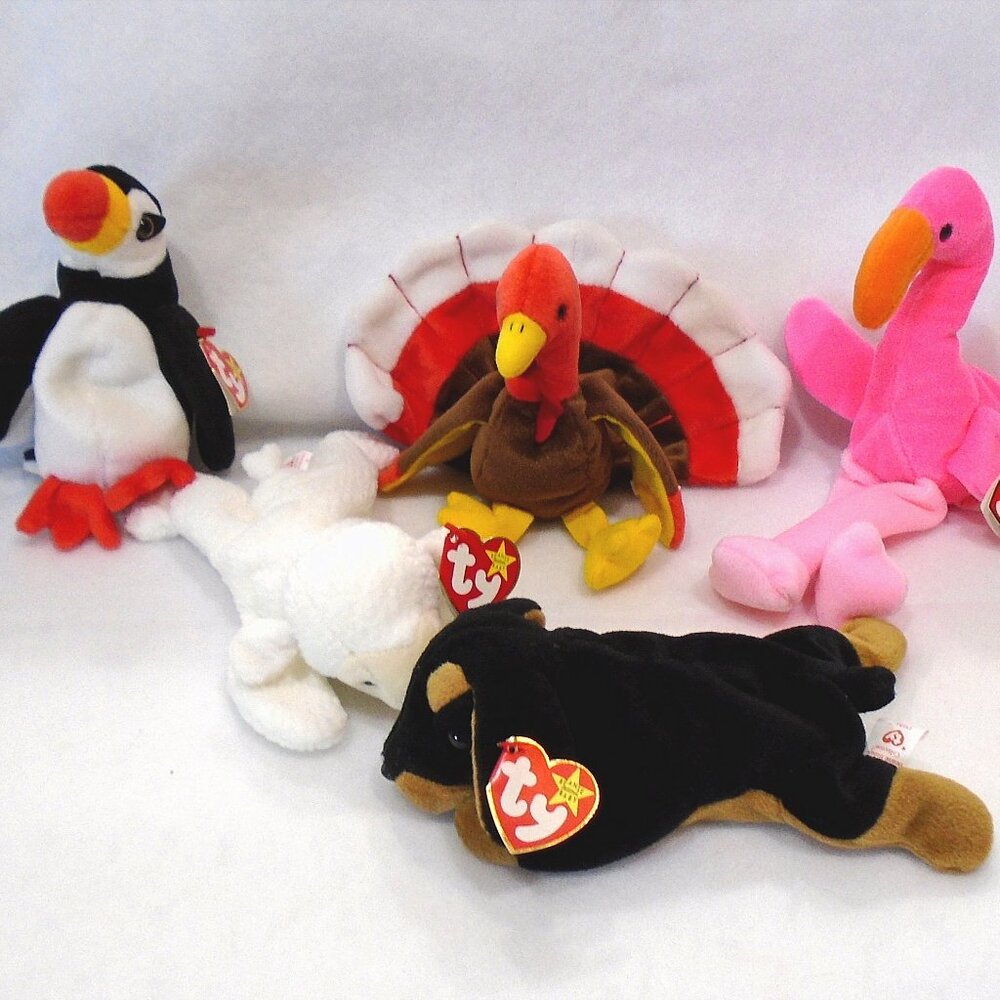 nwt Lot of 5 Ty Beanie Babies: Puffer, Fleece, Pinky, Doby, Gobbles